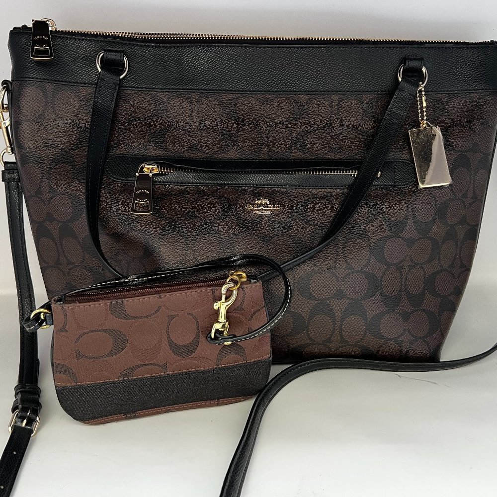 COACH F37237 Black Tan Brown Canvas & Genuine Leather Tote Shoulder Bag Purse